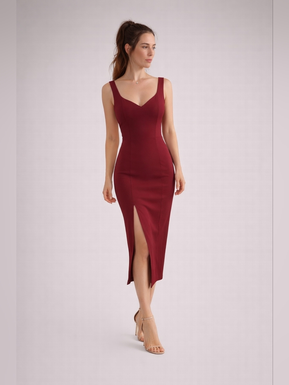 Lulu's Size S Sleeveless V-Neck Wine Midi Cocktail Dress Front Slit